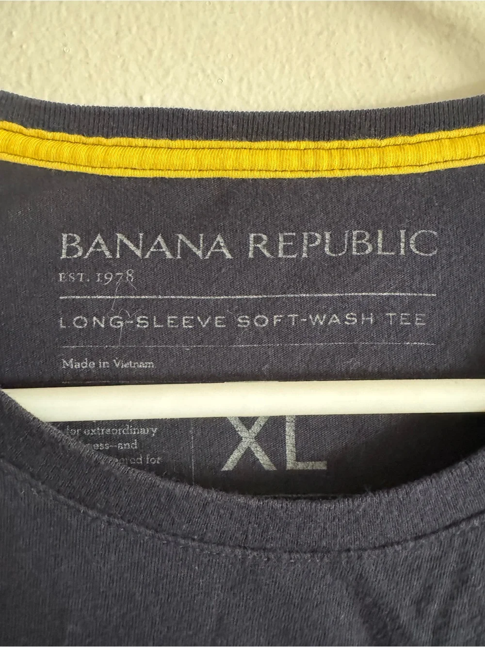 Vintage Banana Republic Men’s Navy Long-Sleeve Tee with Yellow Stripes